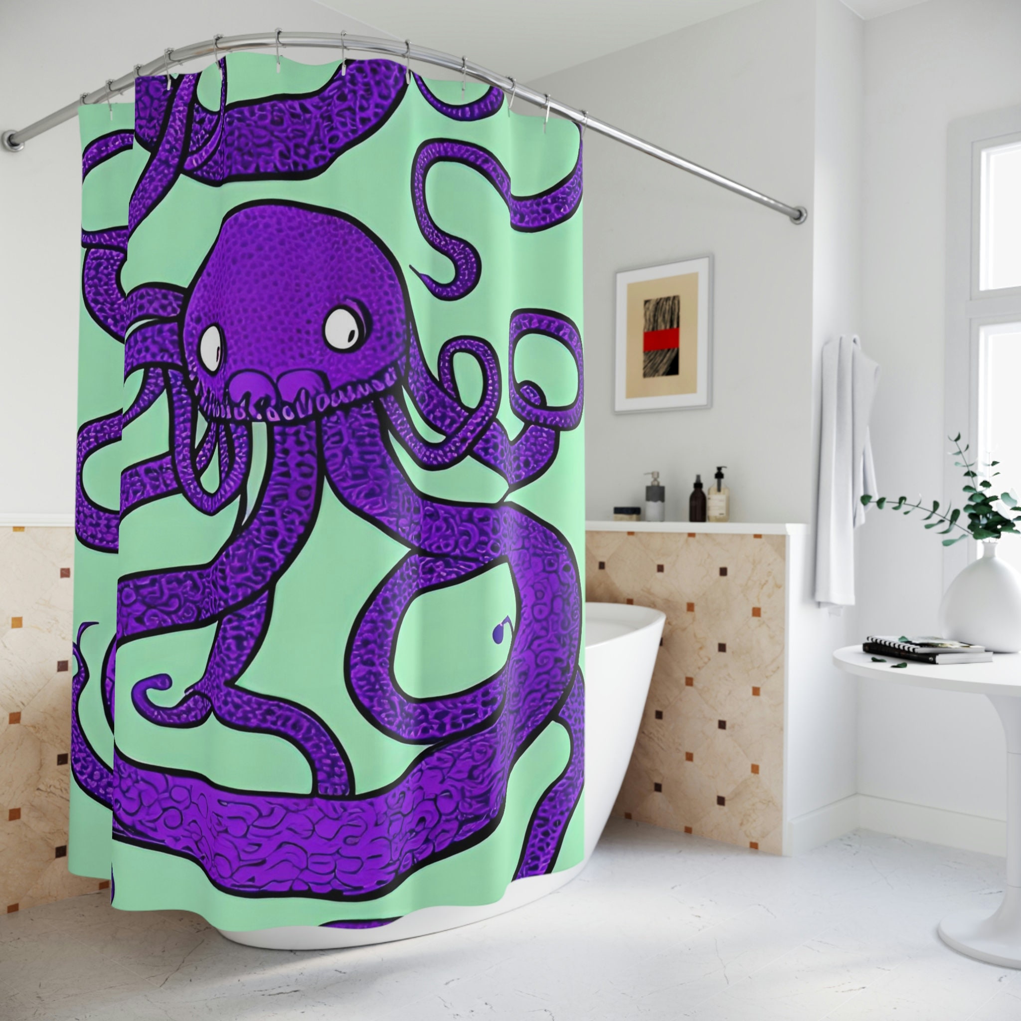 Kids Bathroom Decor - Purple Octopus AI Art Design Shower Curtain Print