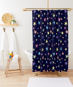 Kids Bathroom Shower Curtain - Navy Blue Rainbow Stars Print Pink Green Purple Yellow