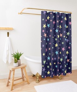 Kids Bathroom Shower Curtain - Navy Blue Rainbow Stars Print Pink Green Purple Yellow