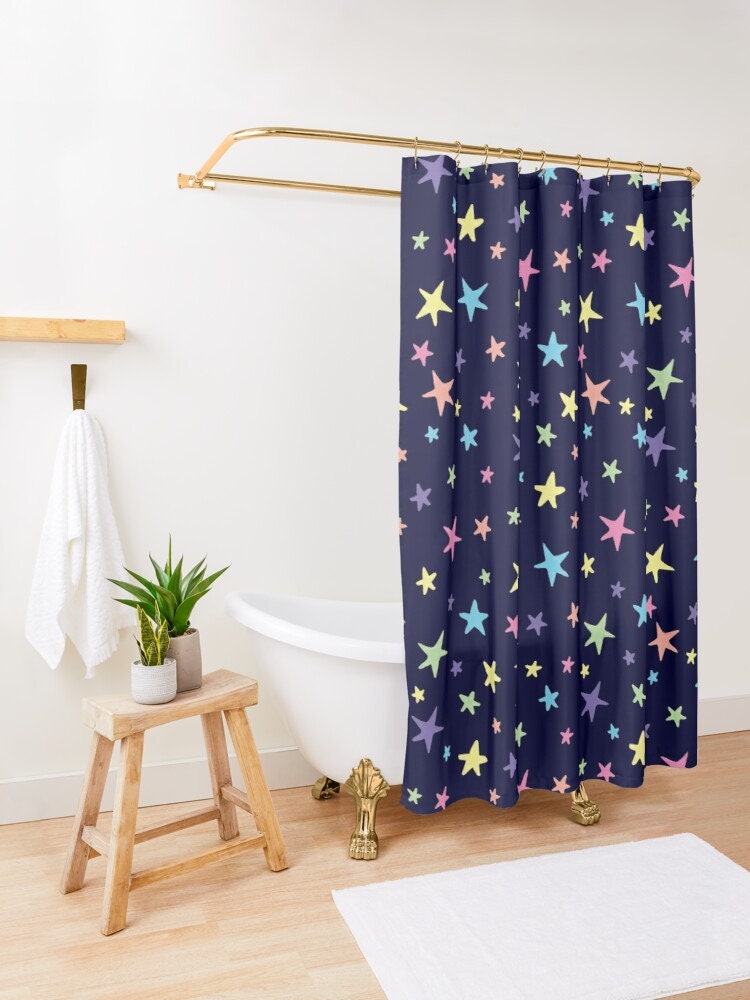 Kids Bathroom Shower Curtain - Navy Blue Rainbow Stars Print Pink Green Purple Yellow