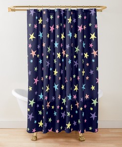 Kids Bathroom Shower Curtain - Navy Blue Rainbow Stars Print Pink Green Purple Yellow