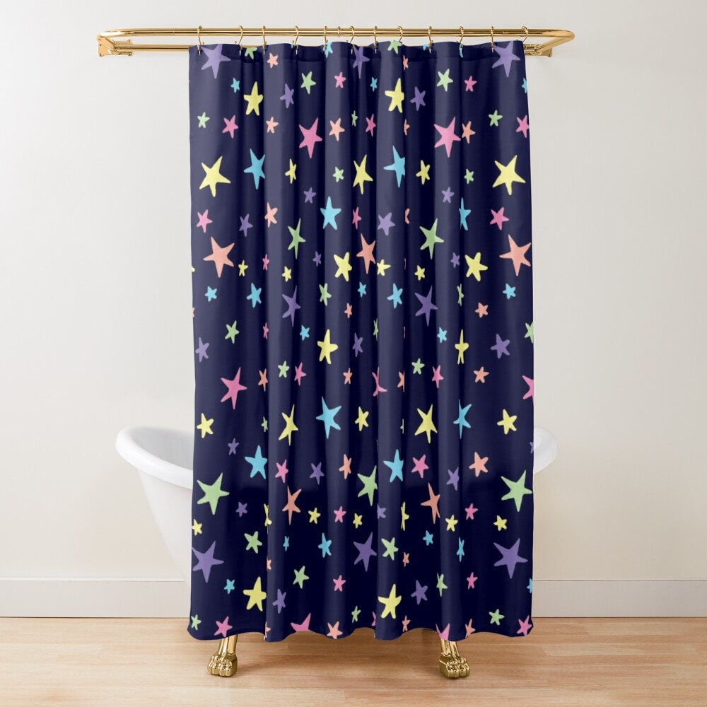 Kids Bathroom Shower Curtain - Navy Blue Rainbow Stars Print Pink Green Purple Yellow
