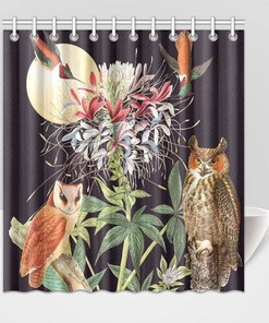 Kids Bathroom Shower Curtain - Owls Botanical Collage Floral Moon Humming Birds and Owls Black