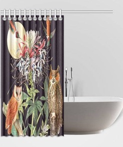 Kids Bathroom Shower Curtain - Owls Botanical Collage Floral Moon Humming Birds and Owls Black