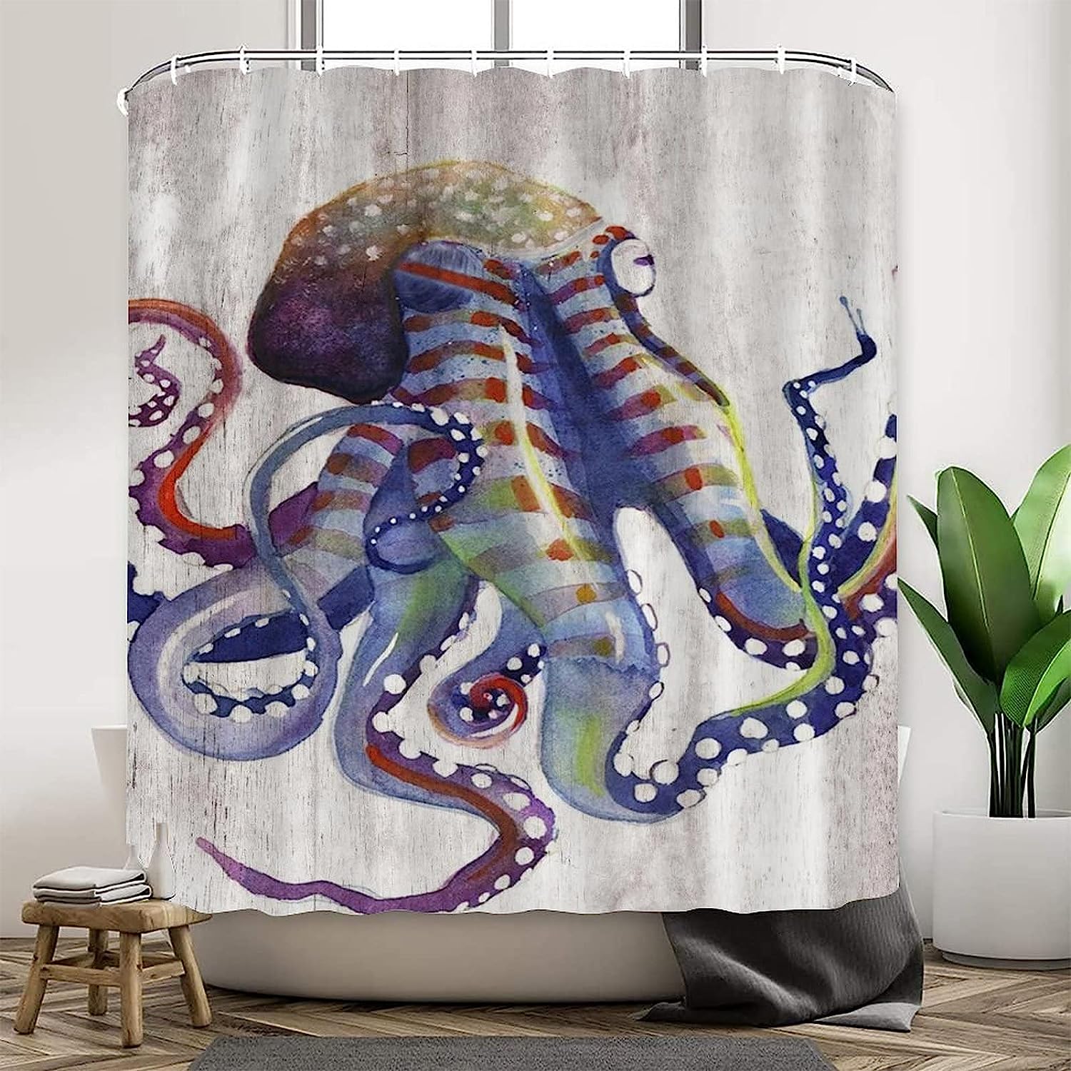 Kids Bathroom Shower Curtain with Colorful Octopus Art Print