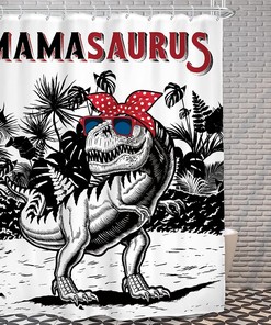 Kids Boys Cool Dinosaur Shower Curtain In Black And White Cartoon Tyrannosaurus Trex, Cloth Fabric Bathroom Decor