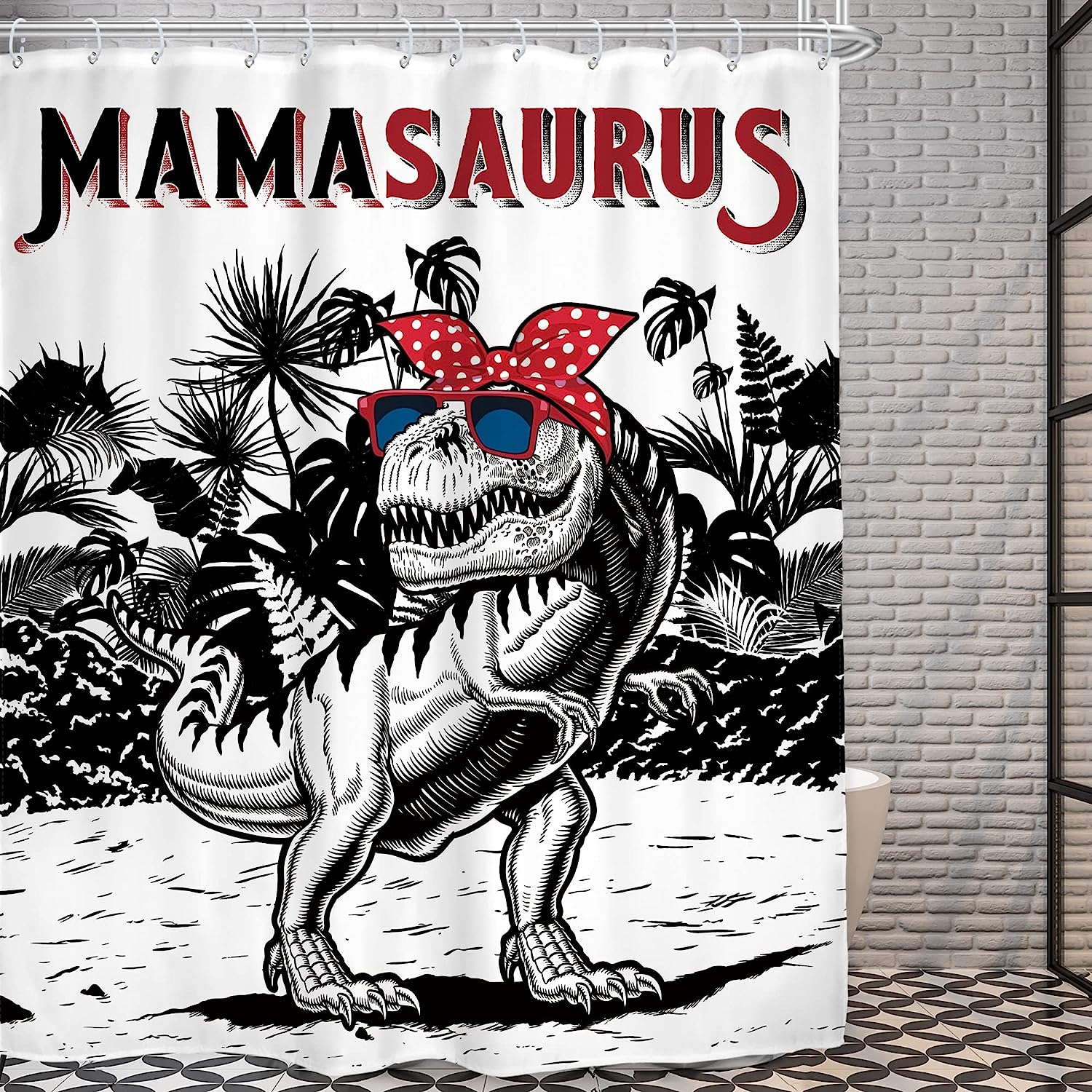 Kids Boys Cool Dinosaur Shower Curtain In Black And White Cartoon Tyrannosaurus Trex, Cloth Fabric Bathroom Decor