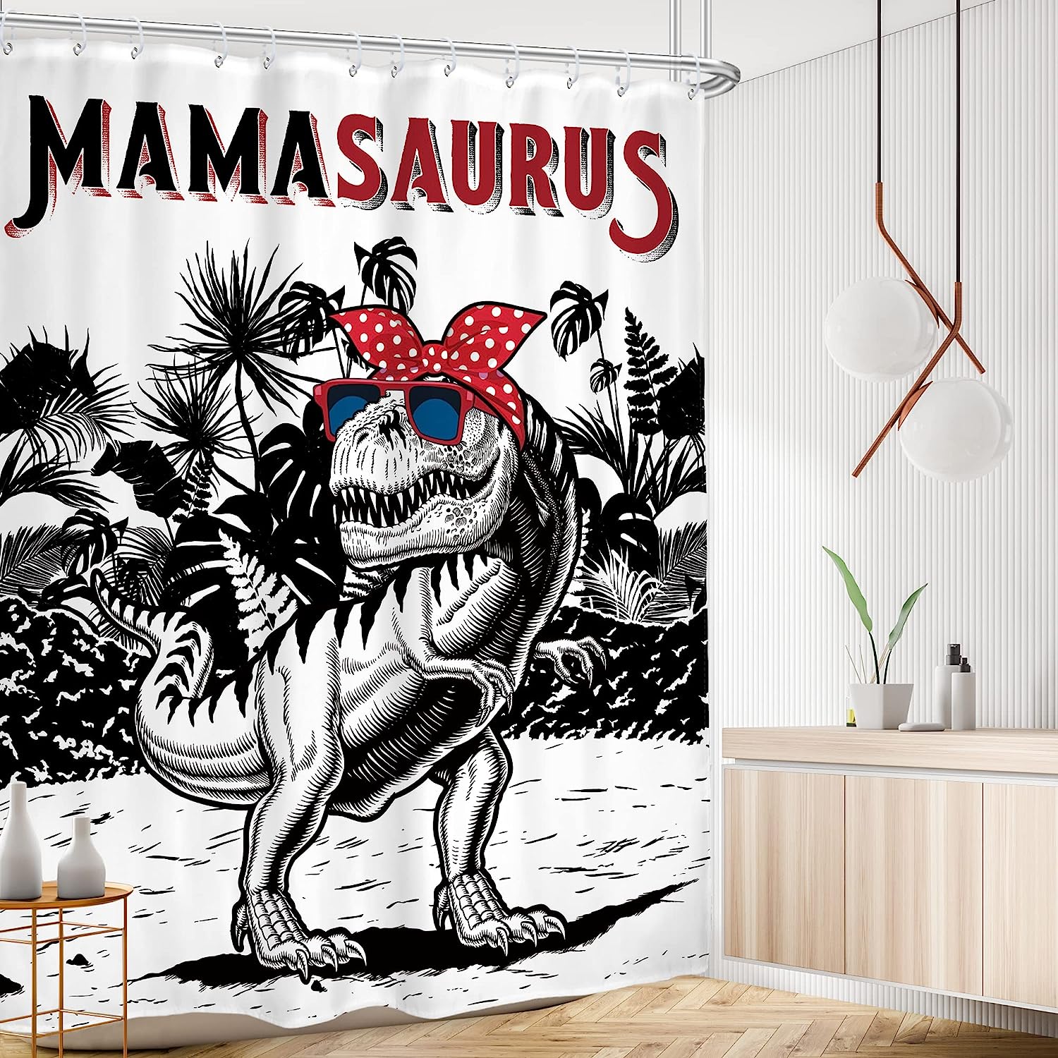 Kids Boys Cool Dinosaur Shower Curtain In Black And White Cartoon Tyrannosaurus Trex, Cloth Fabric Bathroom Decor - Image 2