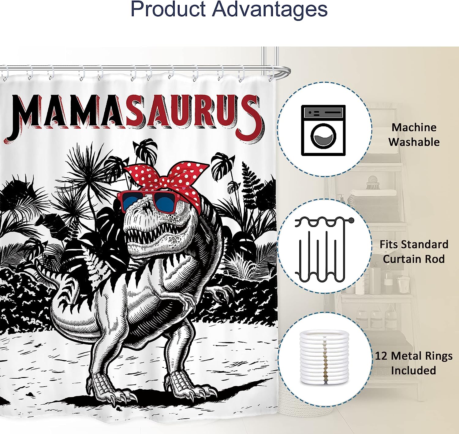Kids Boys Cool Dinosaur Shower Curtain In Black And White Cartoon Tyrannosaurus Trex, Cloth Fabric Bathroom Decor - Image 3