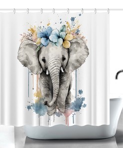 Kids Elephant Shower Curtain - Watercolor Animals For Cute Bathroom Decor