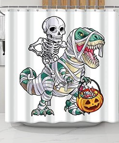 Kids Halloween Dinosaur Skeleton Shower Curtain With Skull Theme, Bathrroom Decor