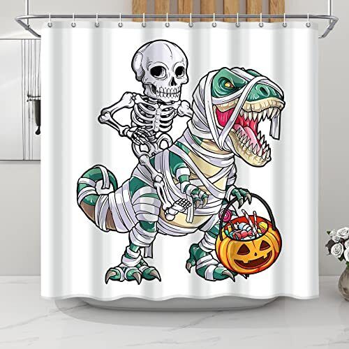 Kids Halloween Dinosaur Skeleton Shower Curtain With Skull Theme, Bathrroom Decor