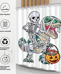 Kids Halloween Dinosaur Skeleton Shower Curtain With Skull Theme, Bathrroom Decor