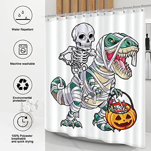 Kids Halloween Dinosaur Skeleton Shower Curtain With Skull Theme, Bathrroom Decor