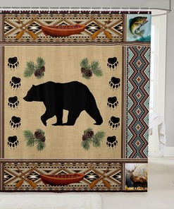 Kids Shower Curtain With Bear Silhouette And Tribal Geometric Grids Print, Perfect For Animal-Loving Children.