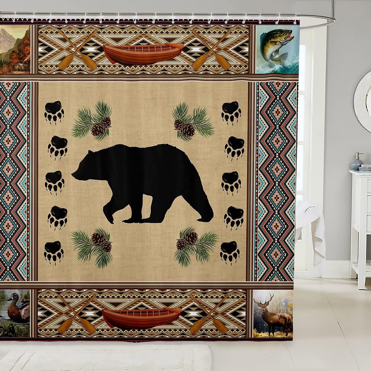 Kids Shower Curtain With Bear Silhouette And Tribal Geometric Grids Print, Perfect For Animal-Loving Children.