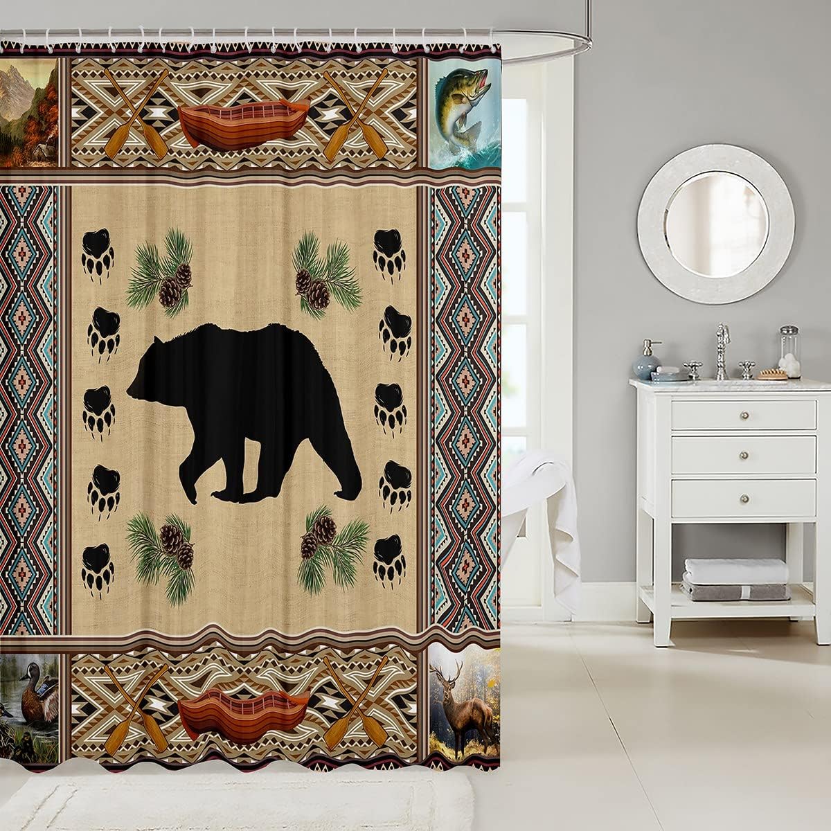 Kids Shower Curtain With Bear Silhouette And Tribal Geometric Grids Print, Perfect For Animal-Loving Children. - Image 2