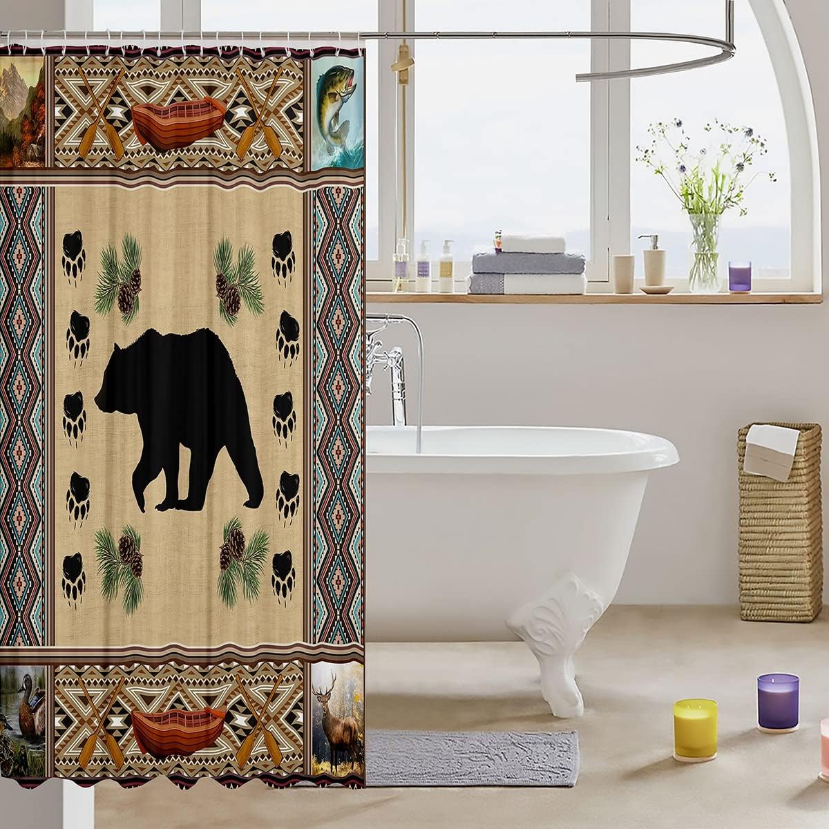 Kids Shower Curtain With Bear Silhouette And Tribal Geometric Grids Print, Perfect For Animal-Loving Children. - Image 3