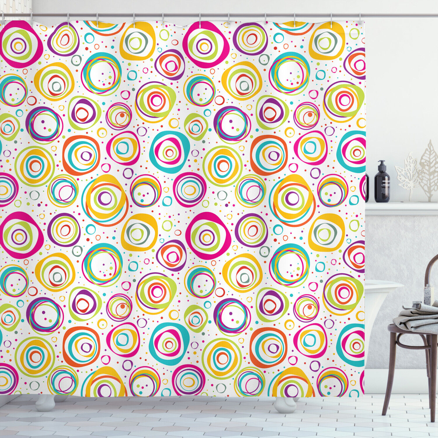 Kids Spiral And Dots Geometric Pattern Shower Curtain For Modern Bathroom Decor
