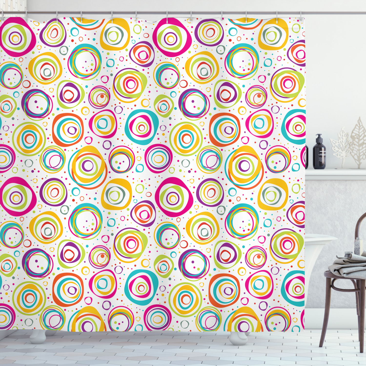 Kids Spiral And Dots Geometric Pattern Shower Curtain For Modern Bathroom Decor