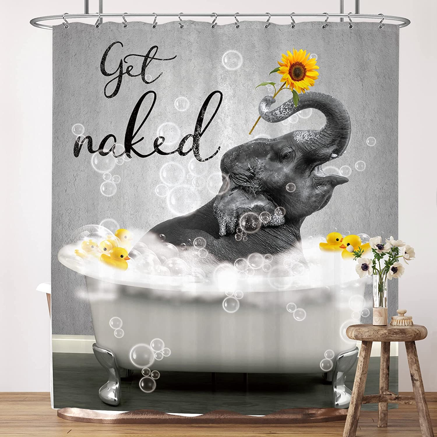 Kids Sunflower Rustic Bathroom Funny Elephant Shower Curtain - Cute Animal Decor