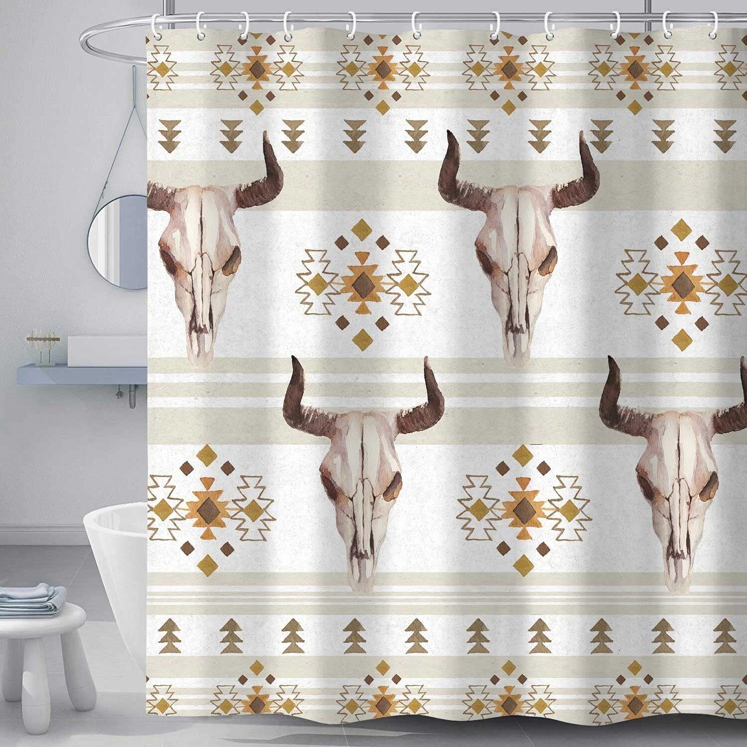 Kilim Boho Bull Skull Waterproof Fabric Shower Curtain For Bathroom Decor