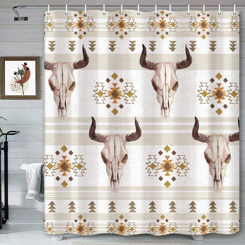 Kilim Boho Bull Skull Waterproof Fabric Shower Curtain For Bathroom Decor - Image 2
