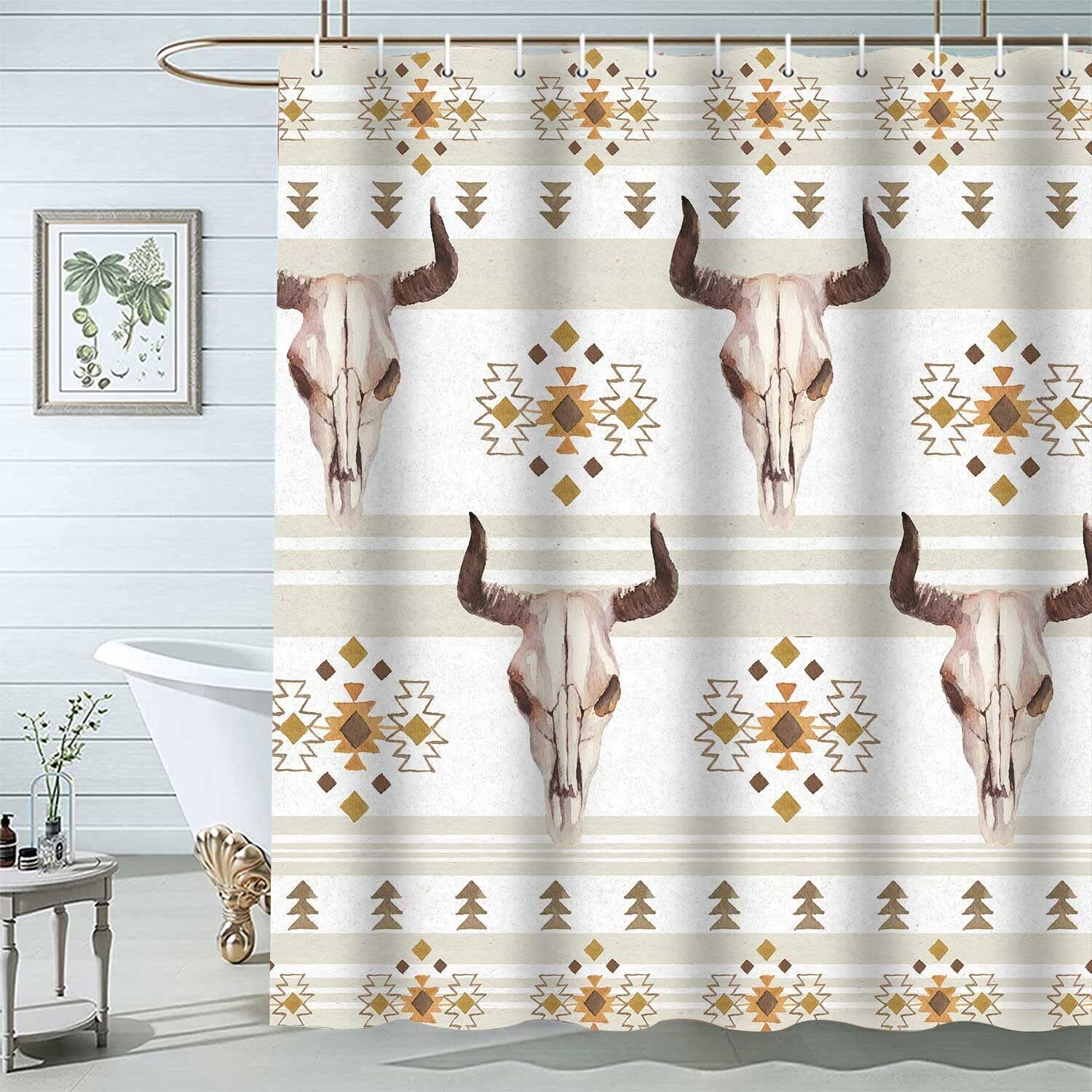 Kilim Boho Bull Skull Waterproof Fabric Shower Curtain For Bathroom Decor - Image 3