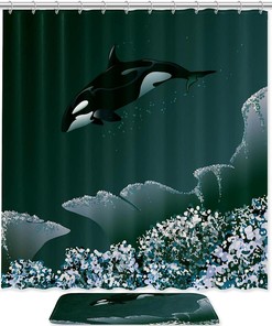 Killer Whale And Coral Restroom Shower Curtain With Microfiber Accents, Machine Washable