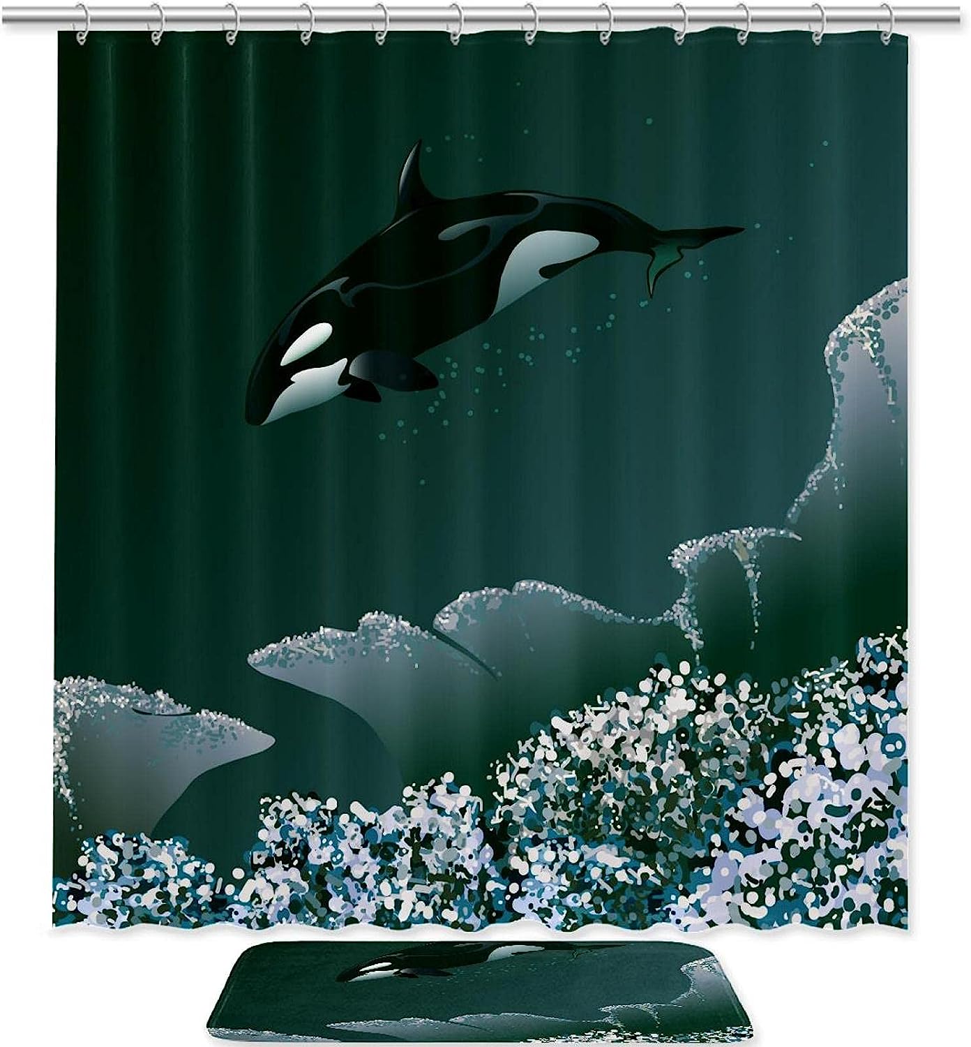 Killer Whale And Coral Restroom Shower Curtain With Microfiber Accents, Machine Washable