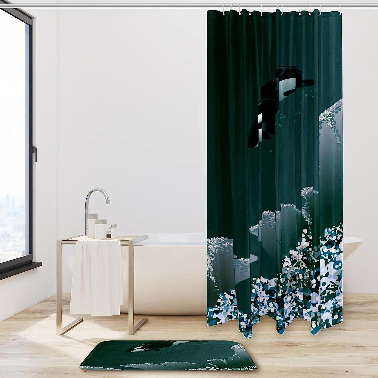 Killer Whale And Coral Restroom Shower Curtain With Microfiber Accents, Machine Washable - Image 2
