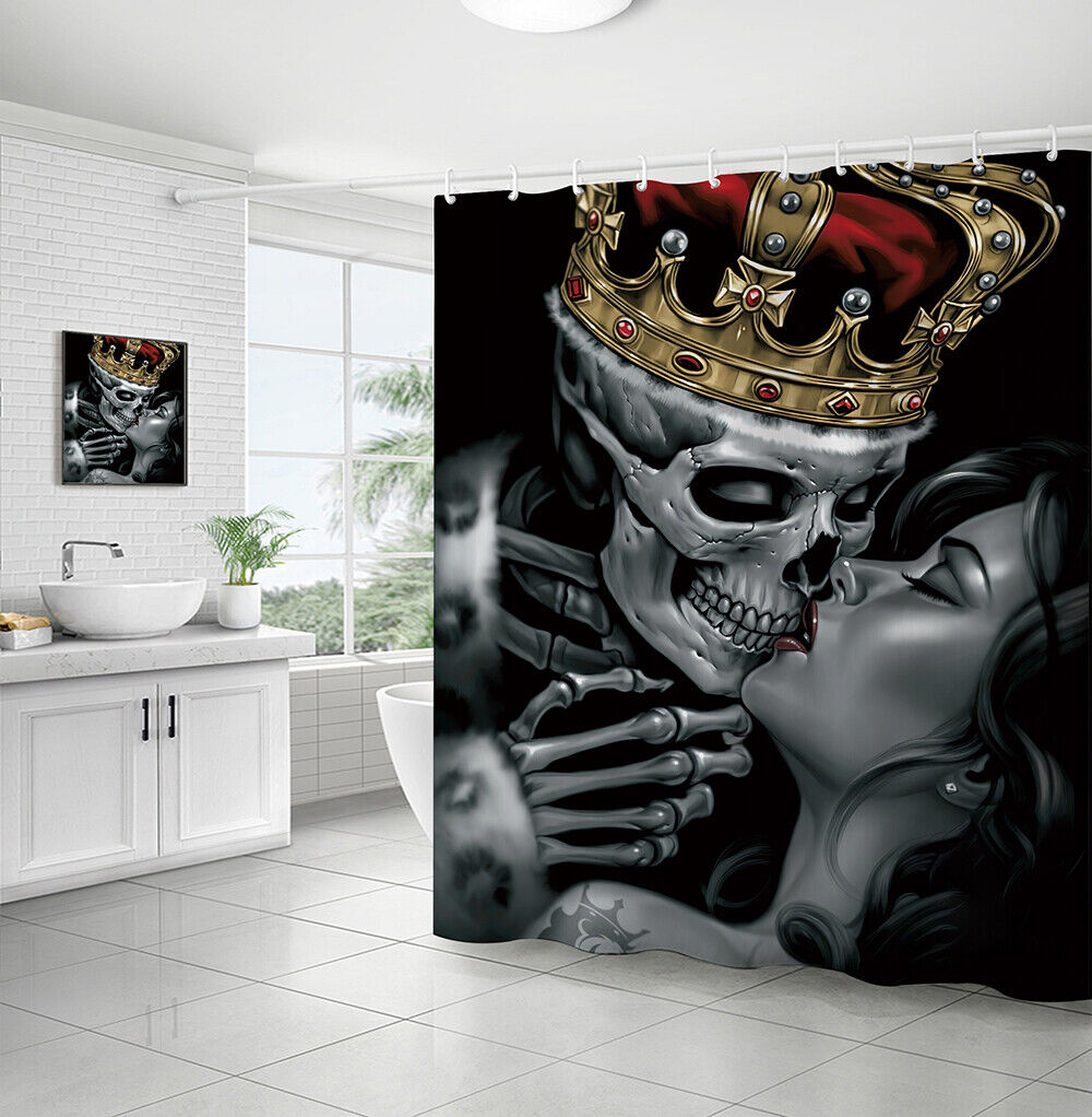 King Kiss Skull Fabric Shower Curtain - Romantic Skull Bathroom Decor
