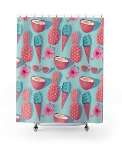 Kitschy Coastal Vibes: Hawaiian Pattern Shower Curtain with Pineapple and Coconut 