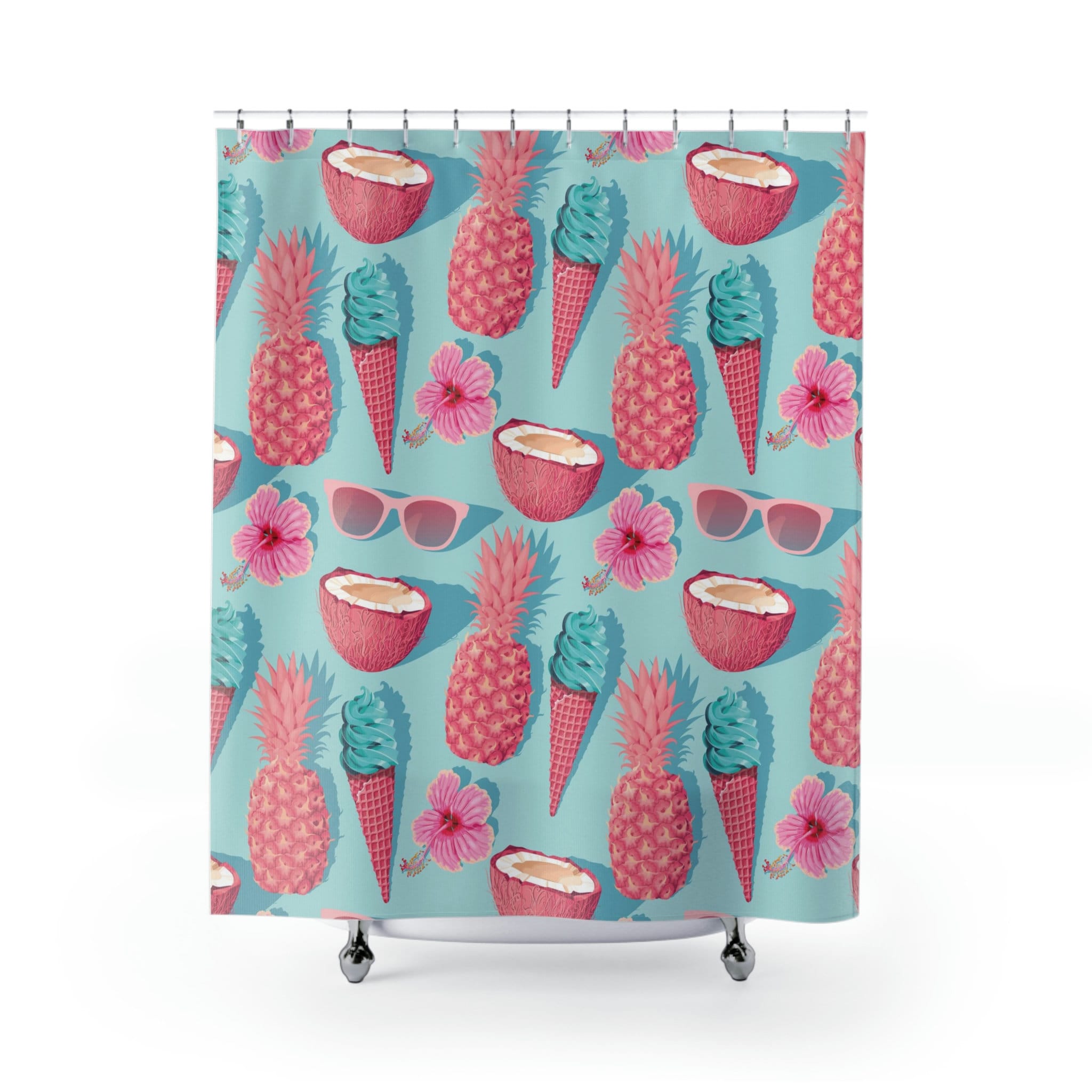 Kitschy Coastal Vibes: Hawaiian Pattern Shower Curtain with Pineapple and Coconut