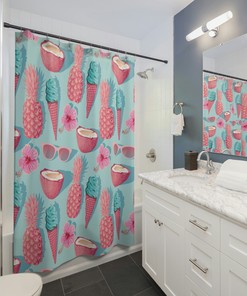 Kitschy Coastal Vibes: Hawaiian Pattern Shower Curtain with Pineapple and Coconut