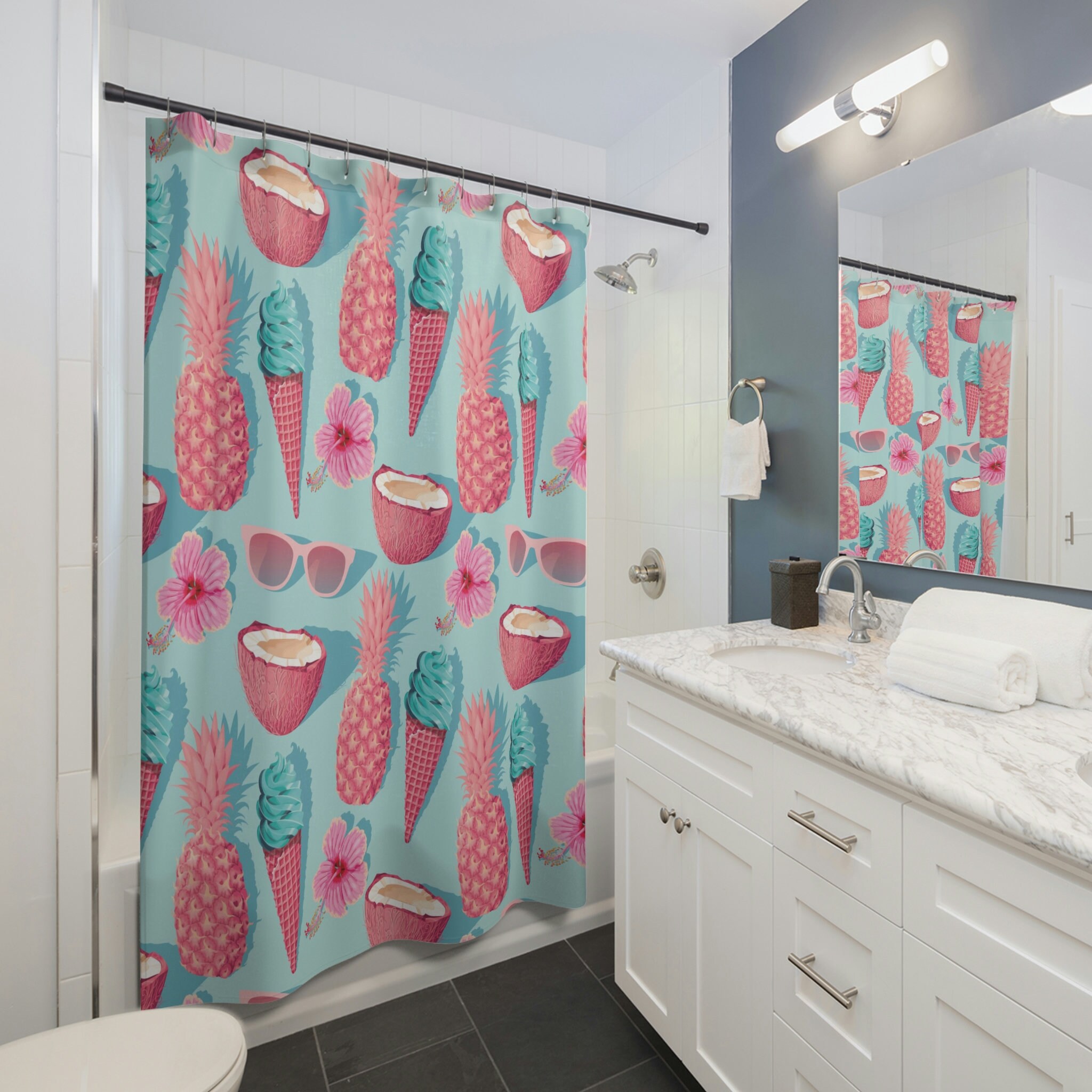 Kitschy Coastal Vibes: Hawaiian Pattern Shower Curtain with Pineapple and Coconut