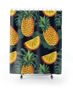 Kitschy Eclectic Hawaiian Pineapple Shower Curtain With Tropical Island Design For Bathroom Decor