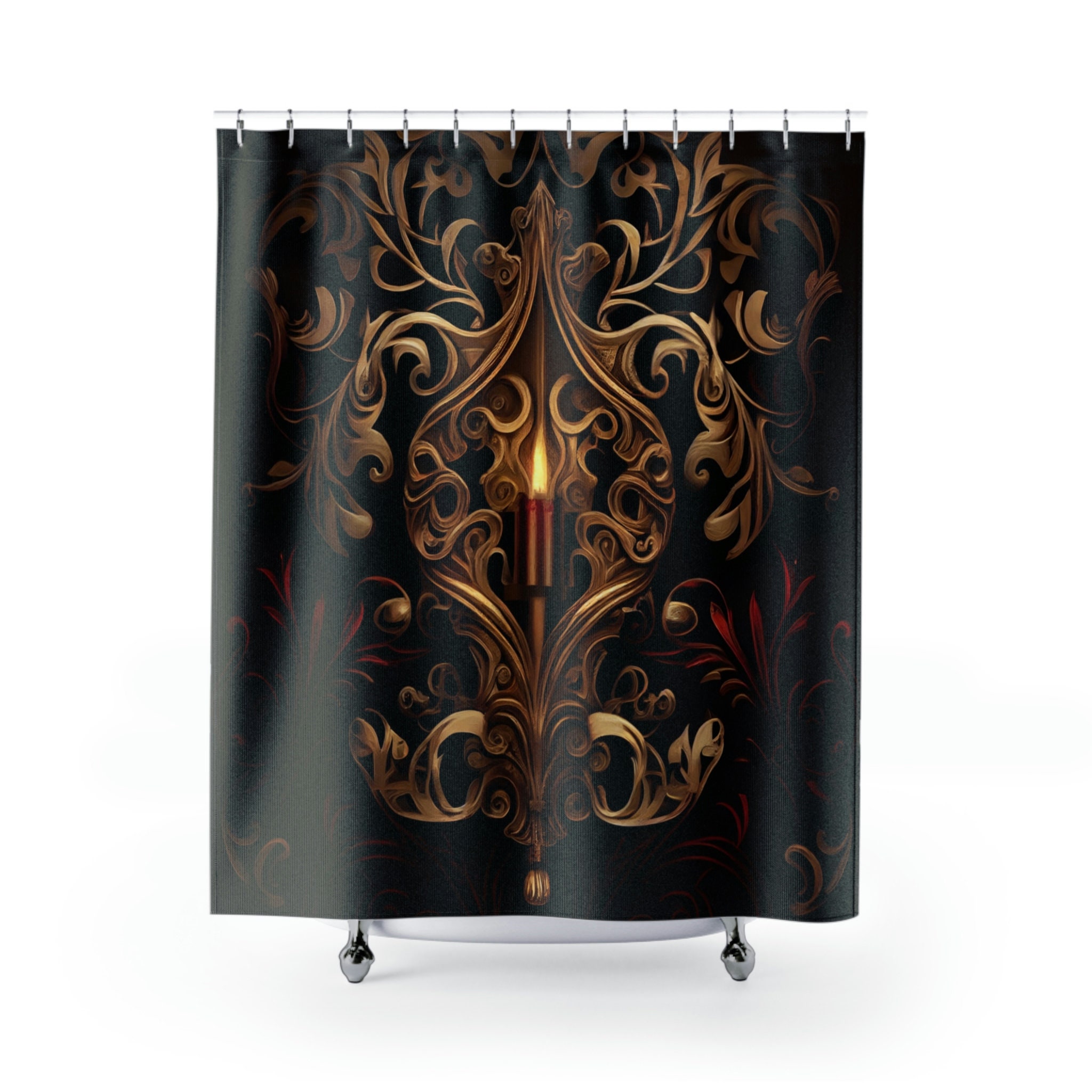 Klimt-Inspired Gothic Revival Shower Curtain Romantic Mystery Print With Black Gold Red Patterns