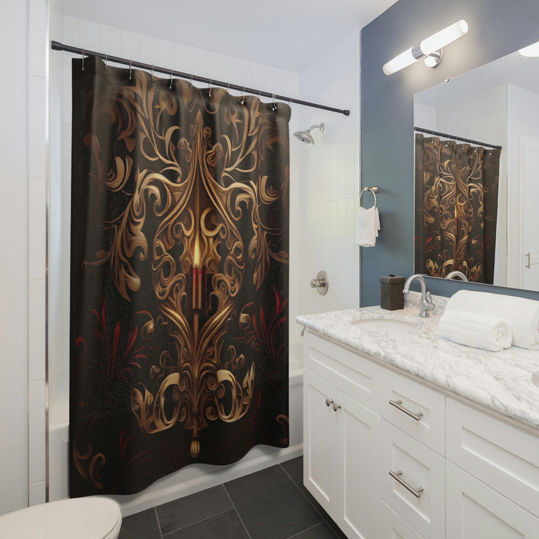 Klimt-Inspired Gothic Revival Shower Curtain Romantic Mystery Print With Black Gold Red Patterns