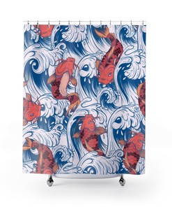 Koi Carp Fish Waterfall Climbing Retro Shower Curtain for Unique Bathroom Decor Gift 