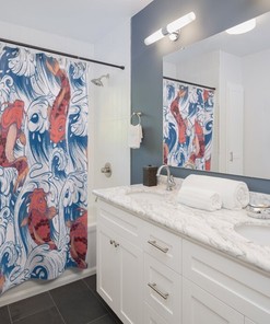 Koi Carp Fish Waterfall Climbing Retro Shower Curtain for Unique Bathroom Decor Gift
