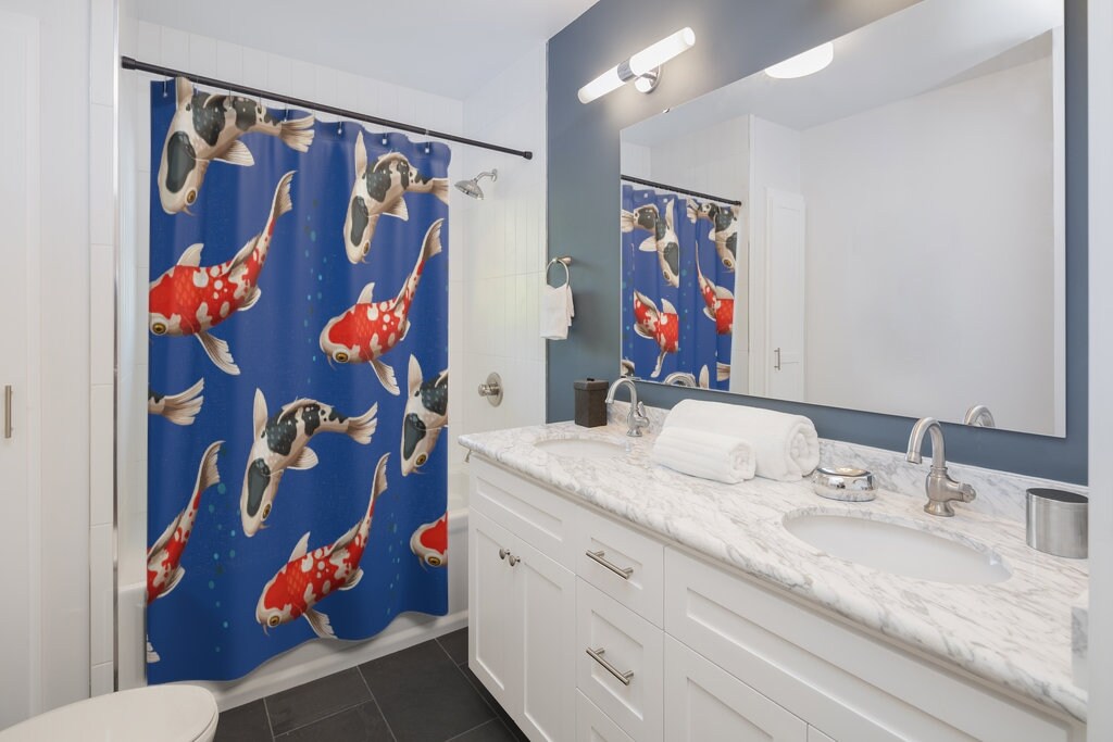 Koi Carp Fish in a Pond Retro Shower Curtain for Unique Bathroom Decor Gift