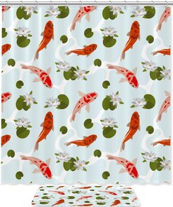 Koi Fish And Lotus Vintage Shower Curtain, Waterproof Bathroom Decor