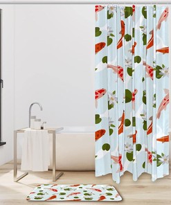 Koi Fish And Lotus Vintage Shower Curtain, Waterproof Bathroom Decor