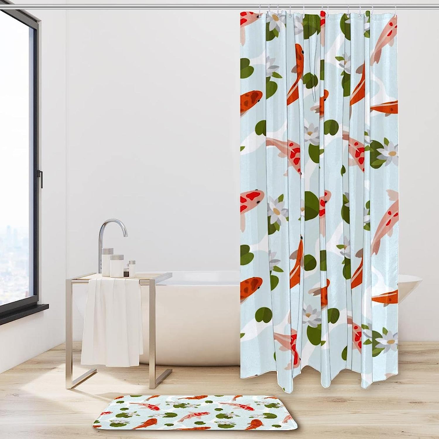 Koi Fish And Lotus Vintage Shower Curtain, Waterproof Bathroom Decor