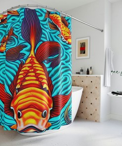 Koi Fish Art Print Shower Curtain with 8-Bit AI Design 