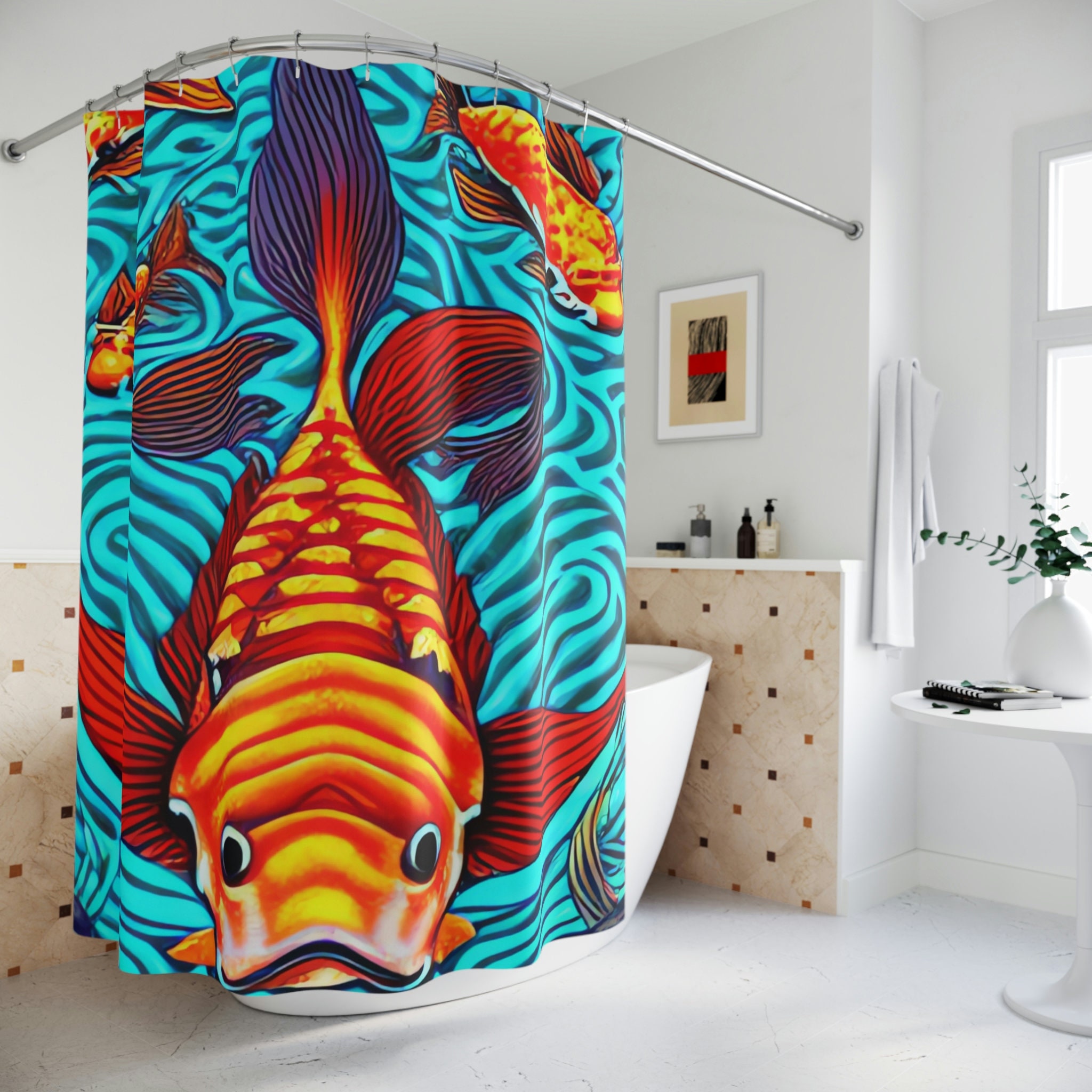 Koi Fish Art Print Shower Curtain with 8-Bit AI Design