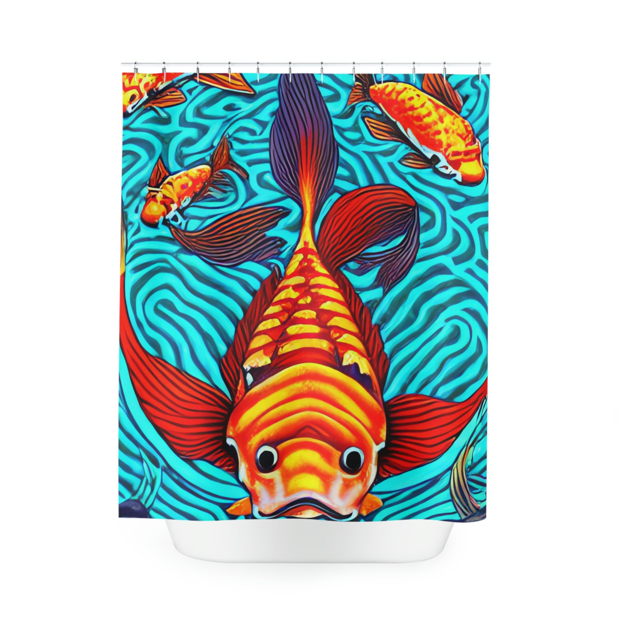 Koi Fish Art Print Shower Curtain with 8-Bit AI Design