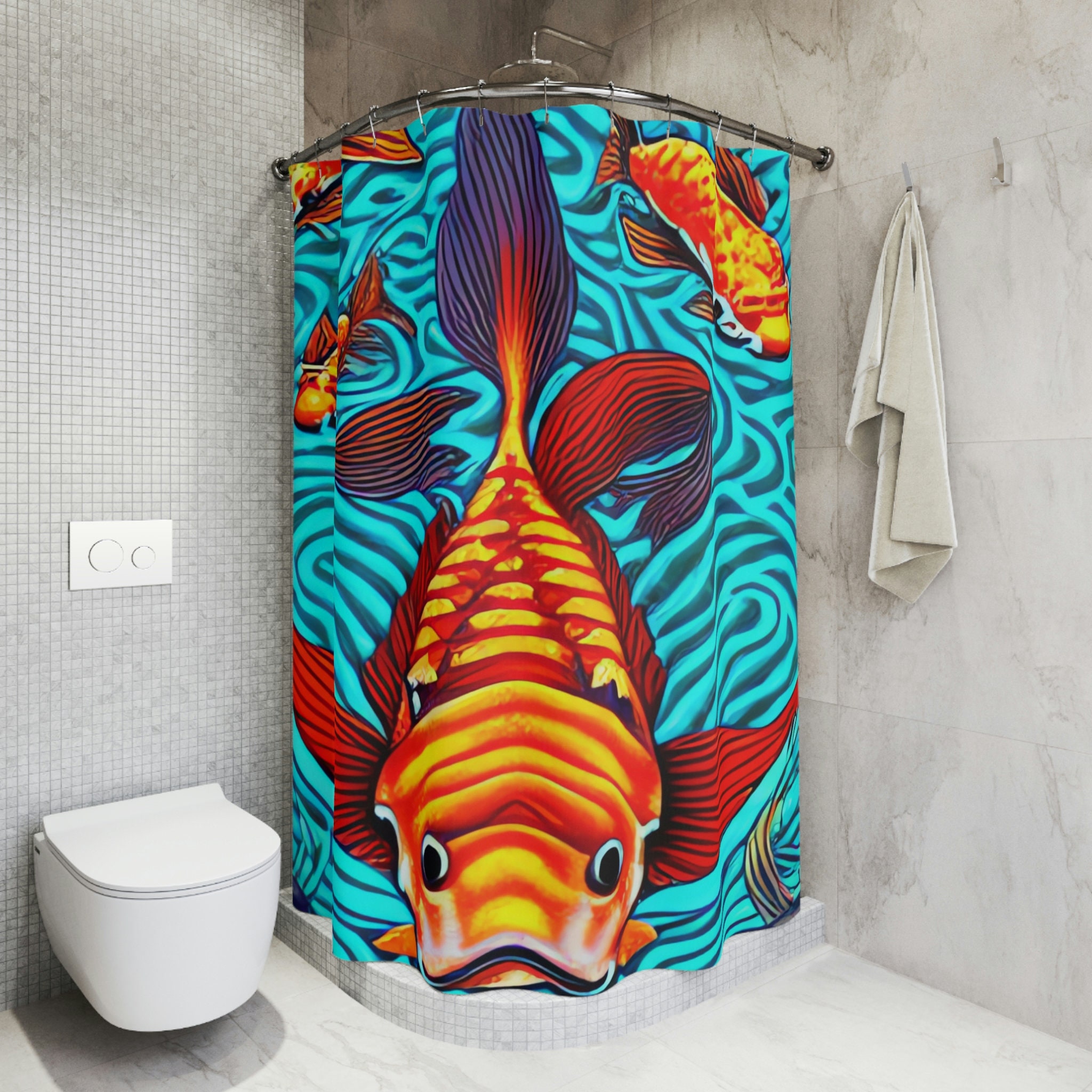 Koi Fish Art Print Shower Curtain with 8-Bit AI Design