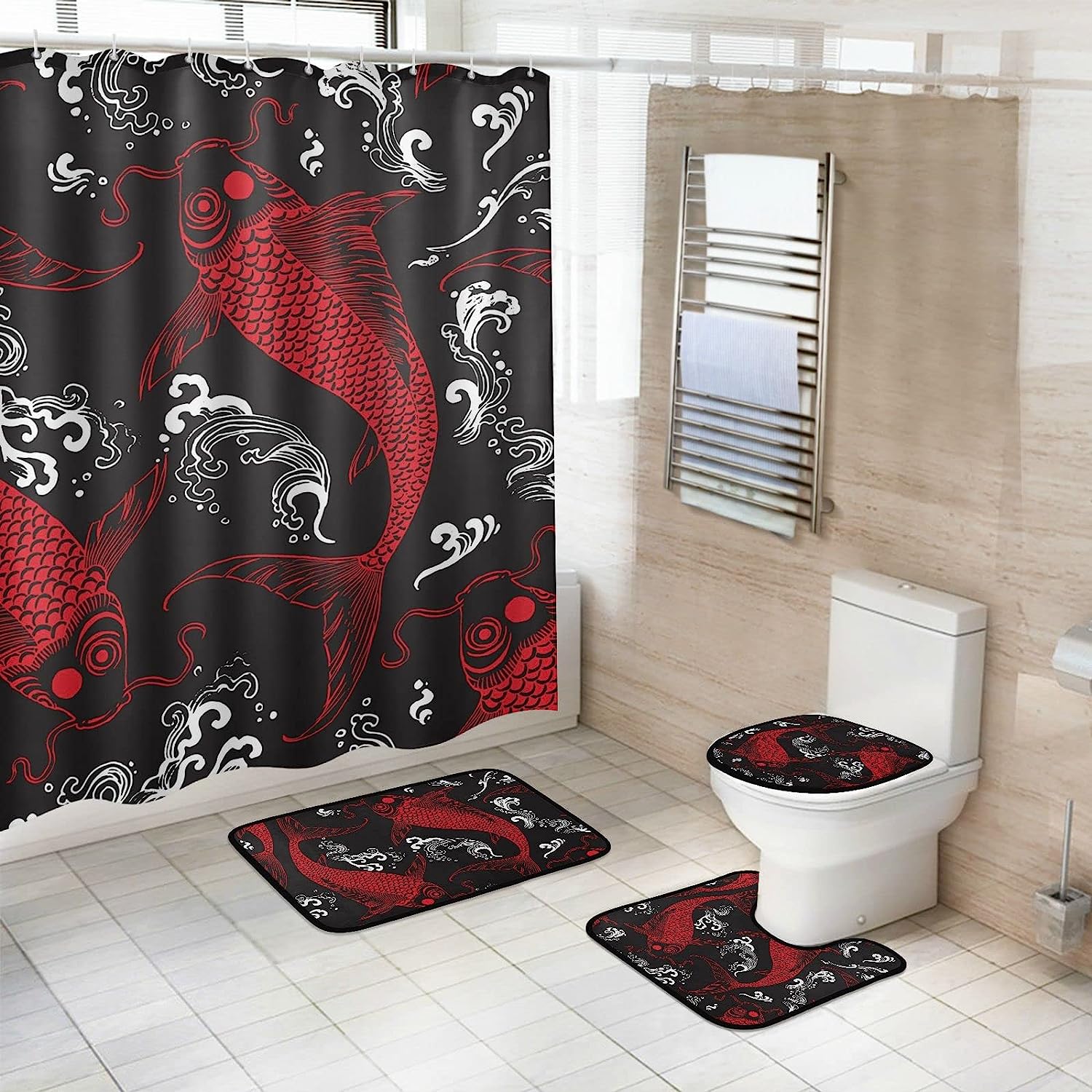 Koi Fish Chinoiserie Style Shower Curtain for Unique and Waterproof Bathroom Decor